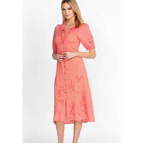 Johnny Was Orla Cotton Shirt Dress PeachPink Vintage Look XS Feminine Embroidery - Picture 5 of 13